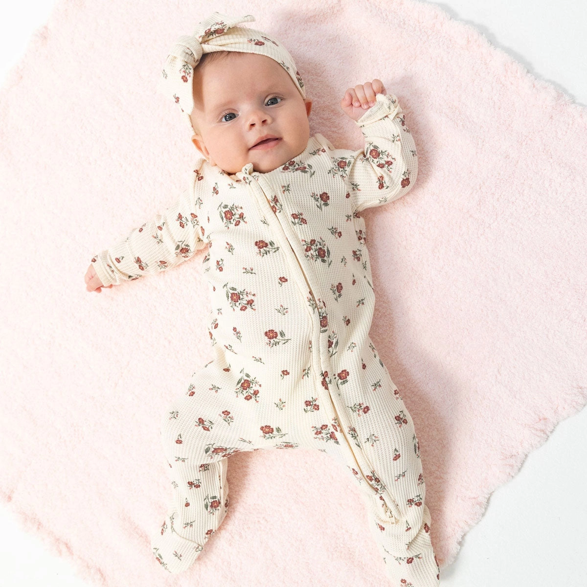 Waffle / Thermal 2 Way Zipper Footie - Misty Rose Floral - Ivory