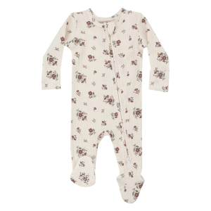 Waffle / Thermal 2 Way Zipper Footie - Misty Rose Floral - Ivory